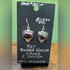 Vintage Native signed E Jackson 925  natural Eudialyte drop earrings